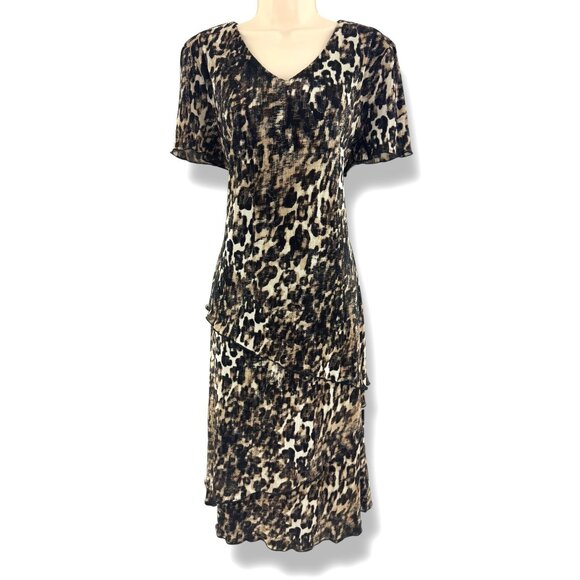 Connected Apparel Animal Leopard Print Bodre Tiered Dress Size 14 Evening Sheath - Picture 1 of 10